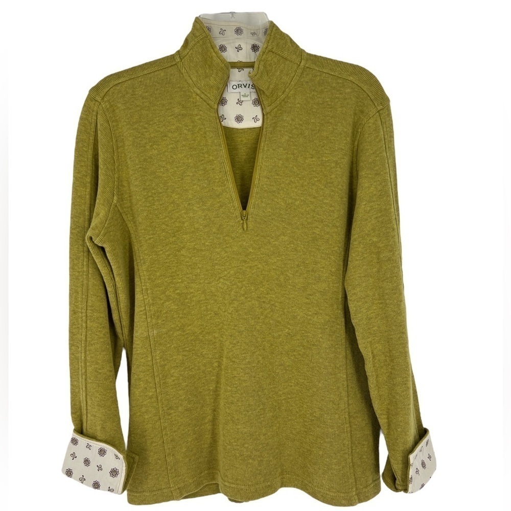Orvis Quarter Zip Floral Contrast Cuff Green Pullover Size S